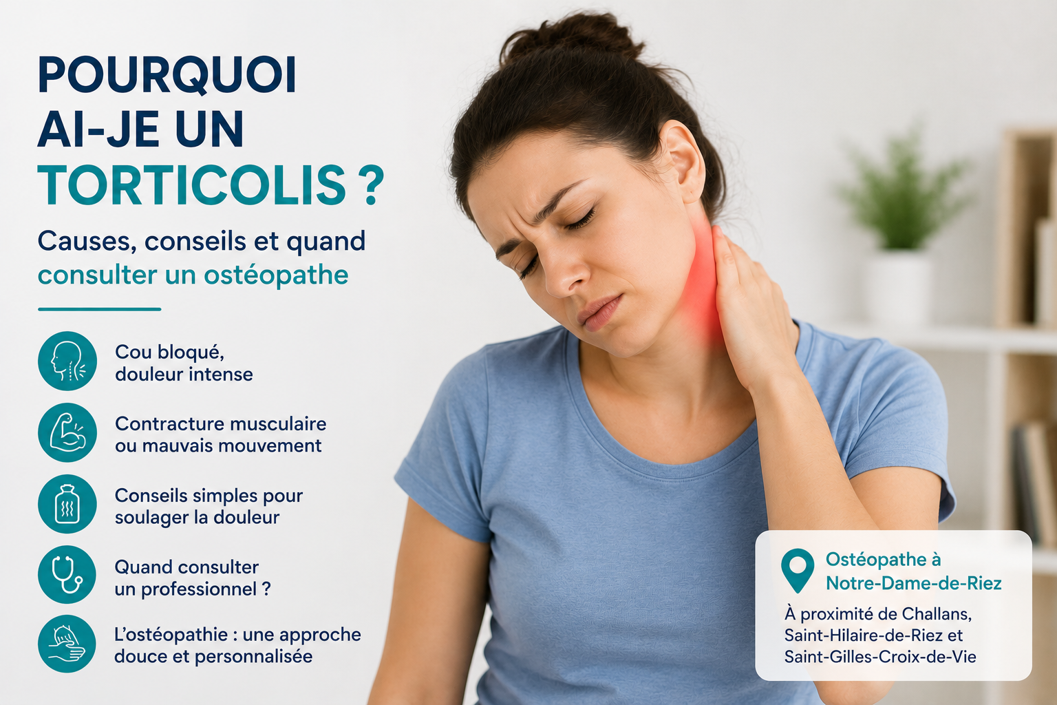 Pourquoi ai-je un torticolis ? Causes, conseils et quand consulter un ostéopathe à Notre-Dame-de-Riez