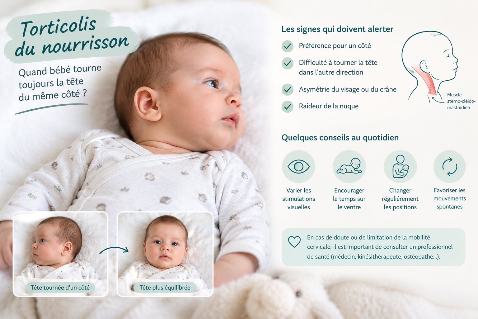 Torticolis du nourrisson : que faire quand bébé tourne toujours la tête du même côté ?